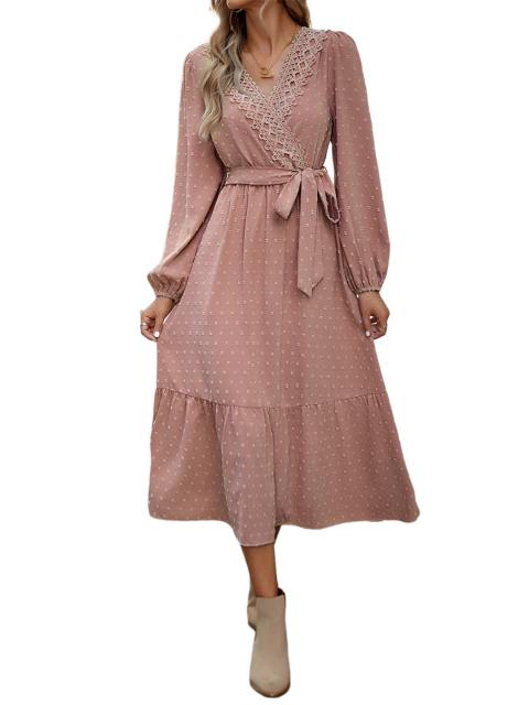 Lace V-Neck Swiss Dot Midi Dress With Belt