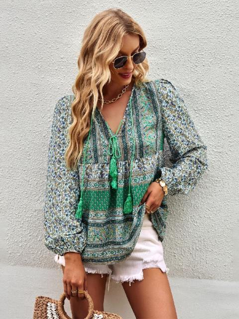 FLoral Print V Neck Fringe Pullover Blouse