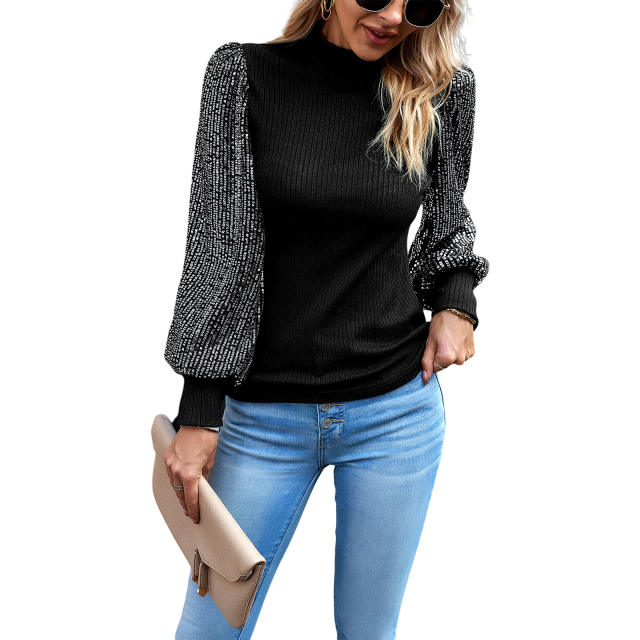 Lace Long Sleeve Half Turtleneck Pullover Top