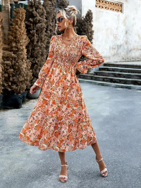 Elegant V-Neck Tiered Floral Midi Dress