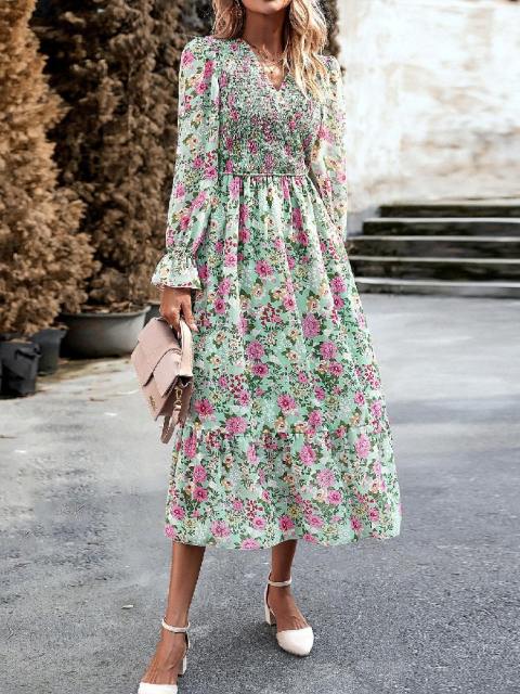 Elegant V-Neck Tiered Floral Midi Dress