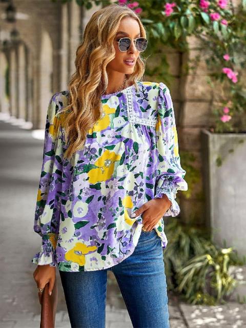 Round Neck Lantern Sleeve Floral Blouse