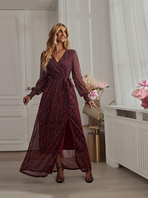 V Neck Long Sleeve Sequin Belt Split Hem Dress