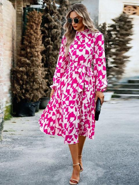 Elegant Ruffle Neck Printed Long Sleeve Dress