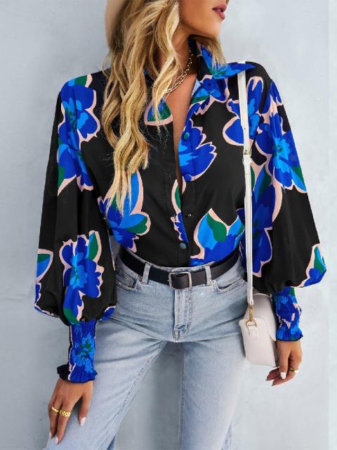 Lantern Sleeve Printed Lapel Shirt