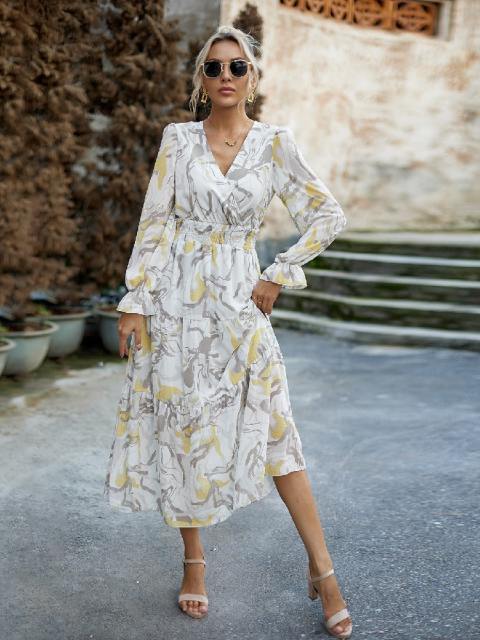 V-Neck Printed Long Sleeve Maxi Dress