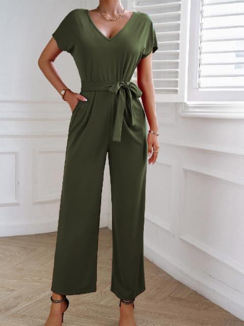 Casual V-Neck Short Sleeve Belted Jumpsuit