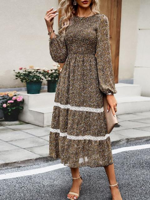 Elegant Printed Lantern Sleeve Long Dress