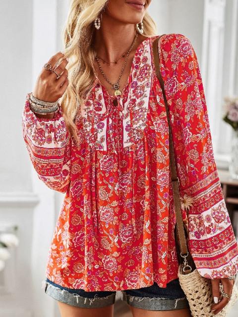 Casual Floral Print Lantern Sleeve Blouse