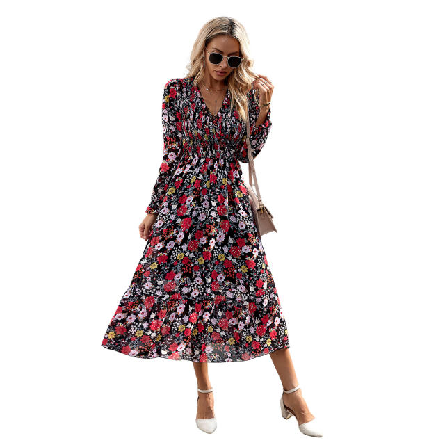 Elegant V-Neck Tiered Floral Midi Dress