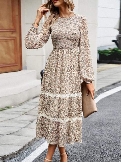 Elegant Printed Lantern Sleeve Long Dress