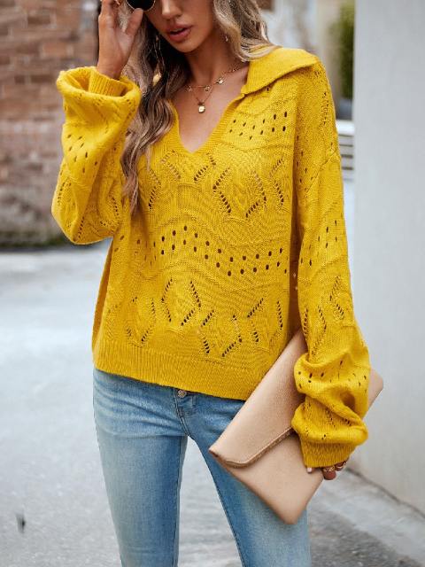 Polo Neck Cutout Lantern Sleeve Sweater