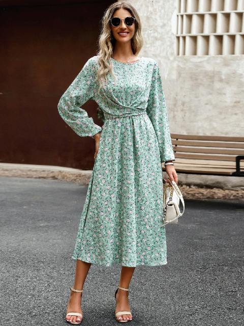 Round Neck Bubble Sleeve Pleated Long Dress