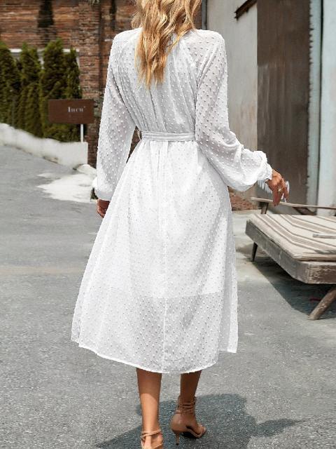 Solid Color Belted White Dot Dress