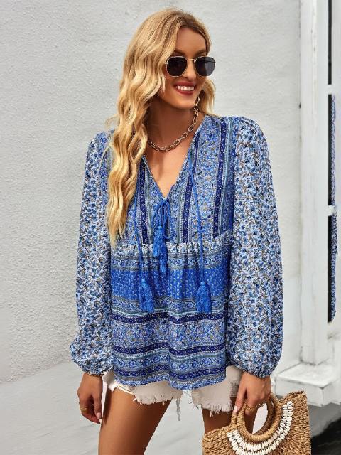 FLoral Print V Neck Fringe Pullover Blouse