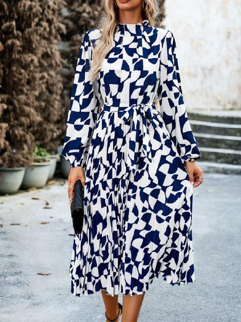 Elegant Ruffle Neck Printed Long Sleeve Dress