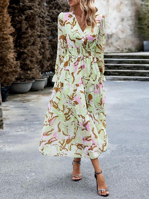 V-Neck Printed Long Sleeve Maxi Dress