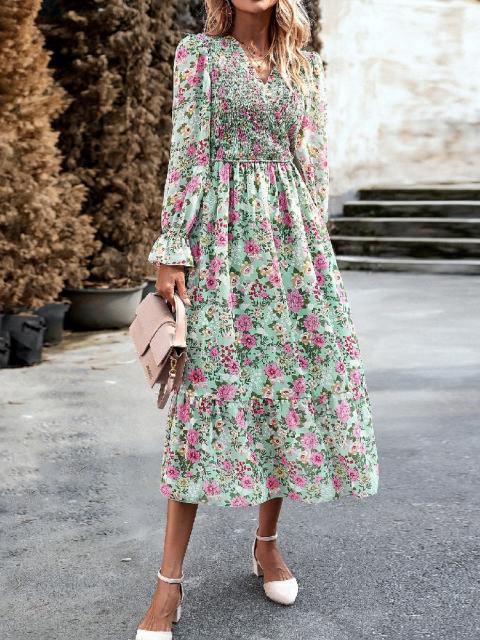 Elegant V-Neck Tiered Floral Midi Dress
