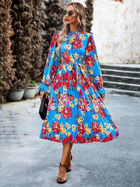 Printed High Waist Tie Petal Sleeve Maxi Dress