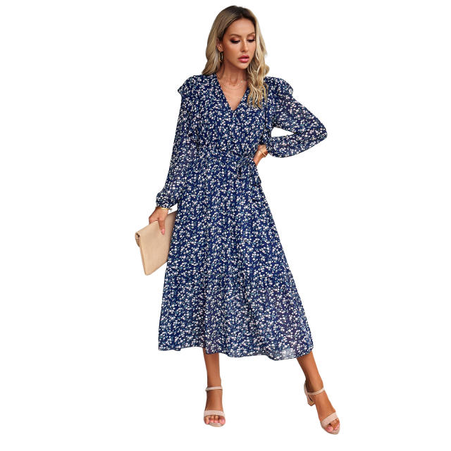 Casual Floral V-Neck Long Sleeve Dress