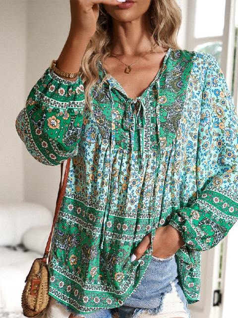 V-Neck Printed Tie Long Sleeve Top