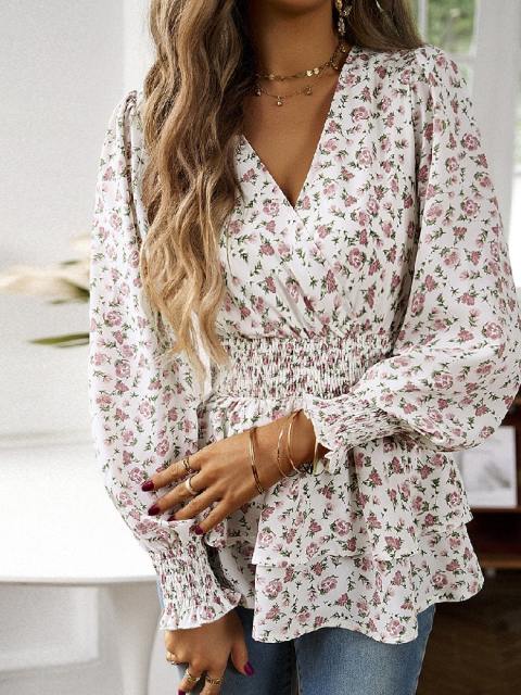 V-Neck Floral Lantern Sleeve Lapel Top