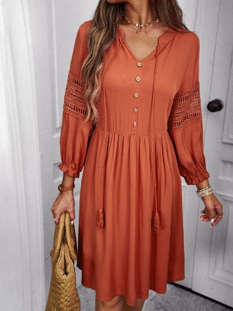 Solid Color V-Neck Ruffled Long Sleeve Dress