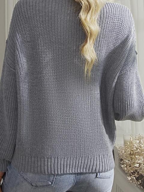 Solid Color Button Lantern Sleeve Sweater