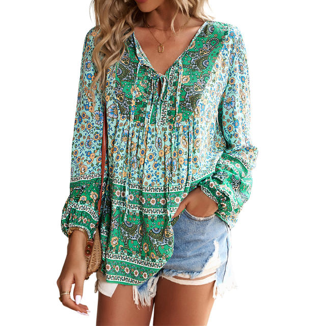 V-Neck Printed Tie Long Sleeve Top