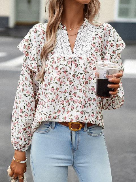 V-Neck Floral Lantern Sleeve Blouse