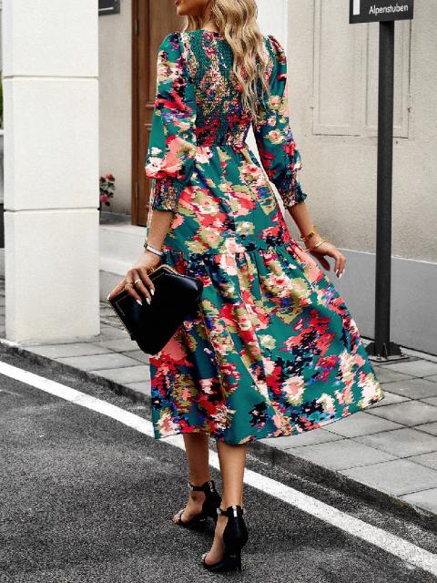 Printed Lantern Sleeve Ruffle Dress