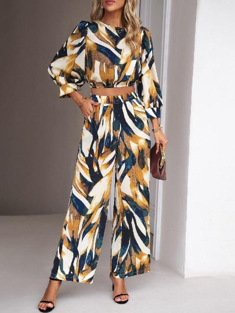 Casual Printed Bubble Sleeve Two Piece Set