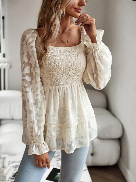 Square Neck Jacquard Layered Ruffle Top