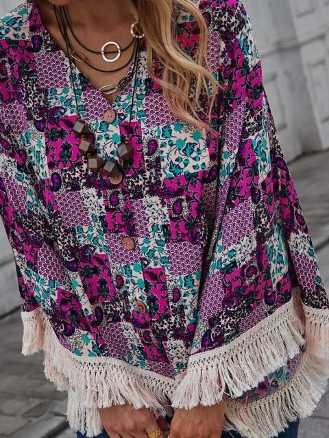 Printed V-Neck Flared Sleeve Top