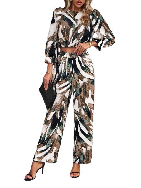 Casual Printed Bubble Sleeve Two Piece Set