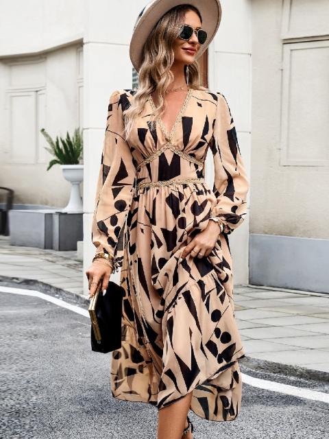 Casual Printed V-Neck Long Sleeve Dress