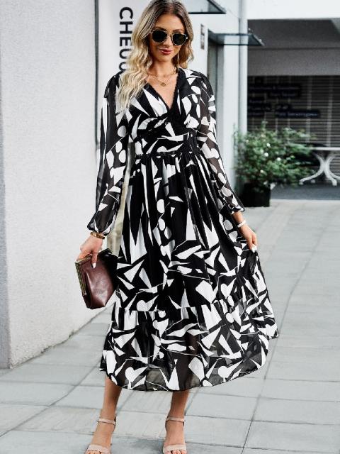 Casual Printed V-Neck Long Sleeve Dress