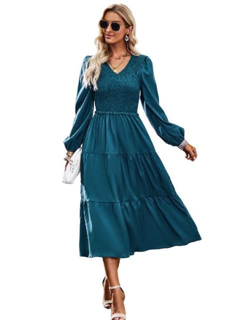 V-Neck Solid Color Lantern Sleeve Dress