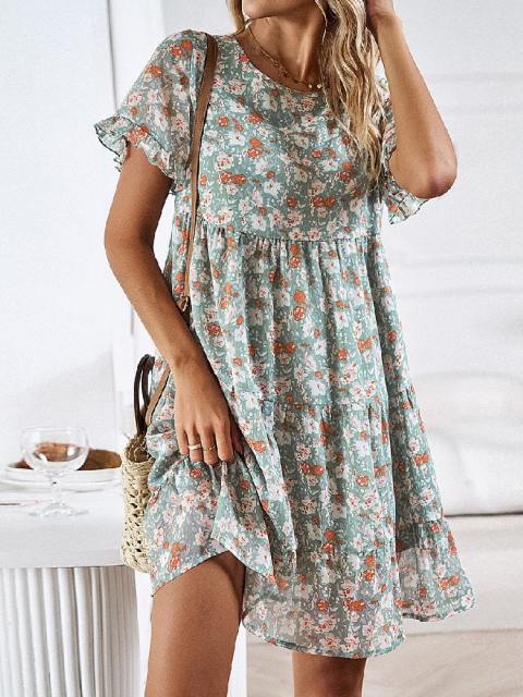 Round Neck Ruffle Sleeve Floral Dress