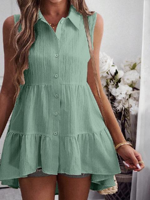 Solid Color Sleeveless Button Down Shirt