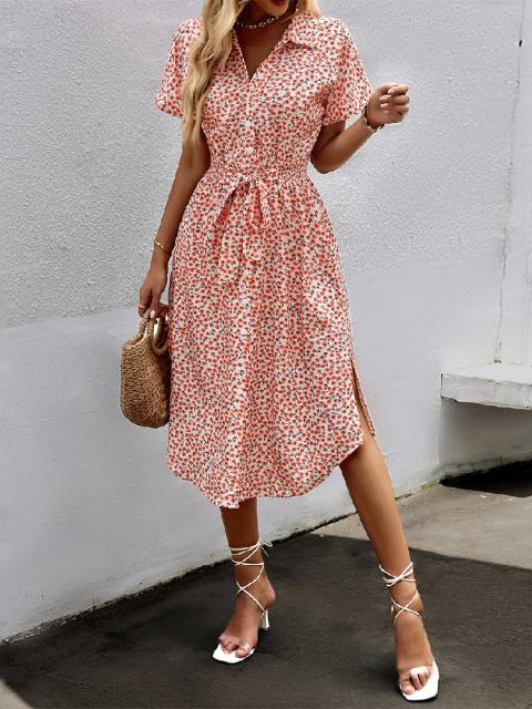 Short Sleeve Shirt Neck Floral Dress