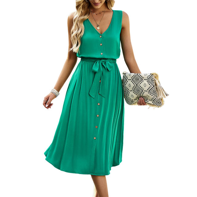V-Neck Solid Color Sleeveless Lace Up Dress