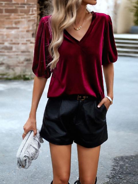 V-Neck Solid Color Long Sleeve Top