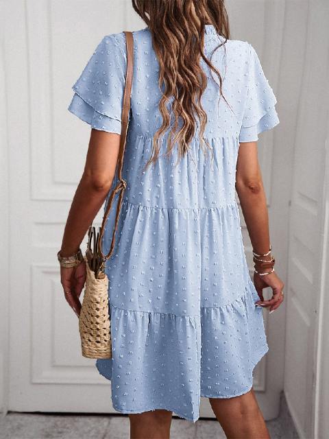 Lace V-Neck Short Sleeve Jacquard Dress