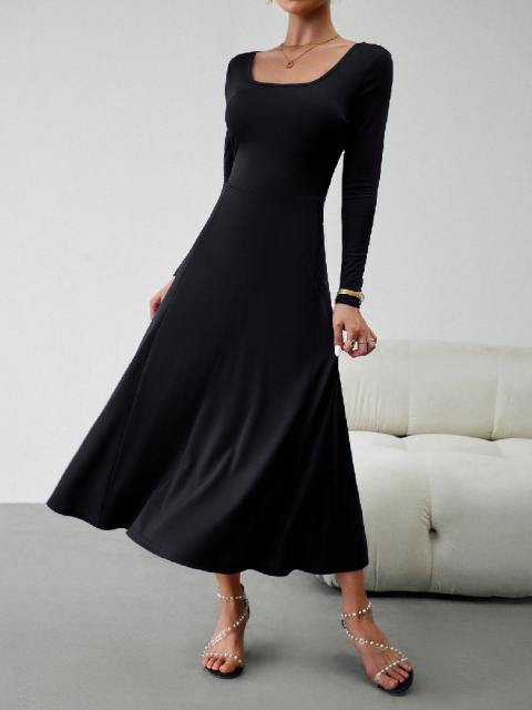 U Neck Solid Color Long Sleeve Dress