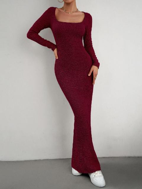 Square Neck Long Sleeve Knit Skinny Dress