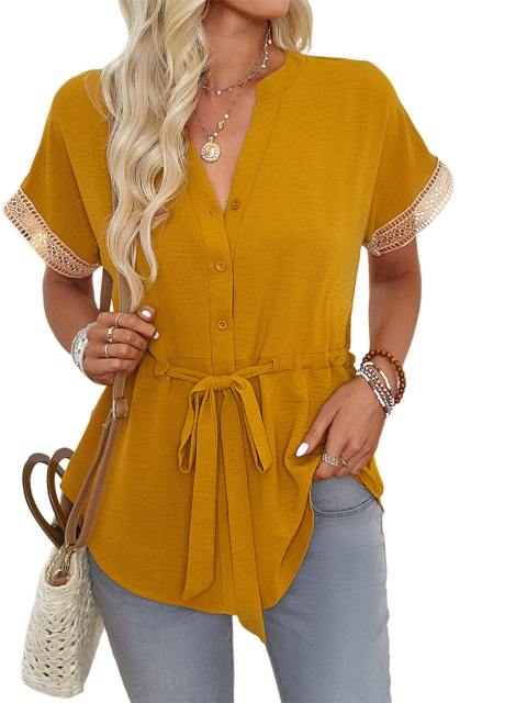 Lace Short Sleeve Button Belted Blouse