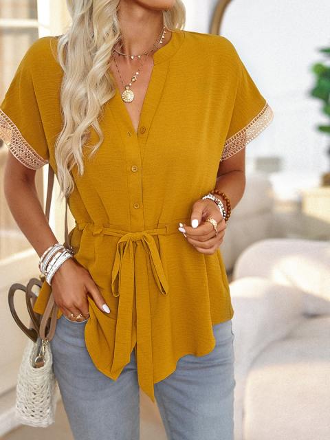Lace Short Sleeve Button Belted Blouse
