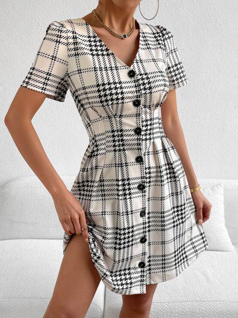 V-Neck Buttons Plaid Slim Mini Dress