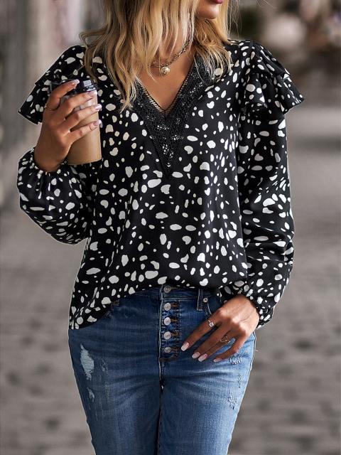 Printed Lace V-Neck Ruffle Sleeve Casual Blouse